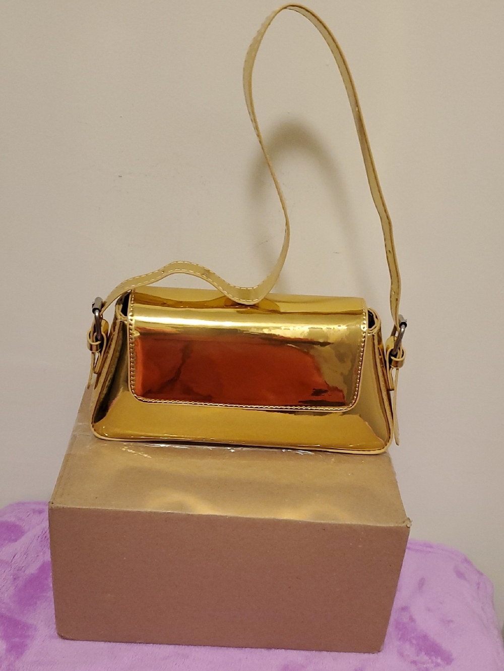 PrettyLittleThing Gold Patent Mini Shoulder Bag